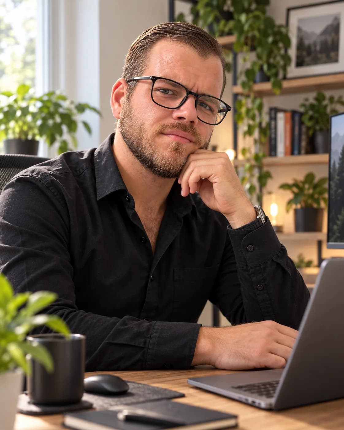 Chris Pascal Landwehr am Schreibtisch mit Laptop