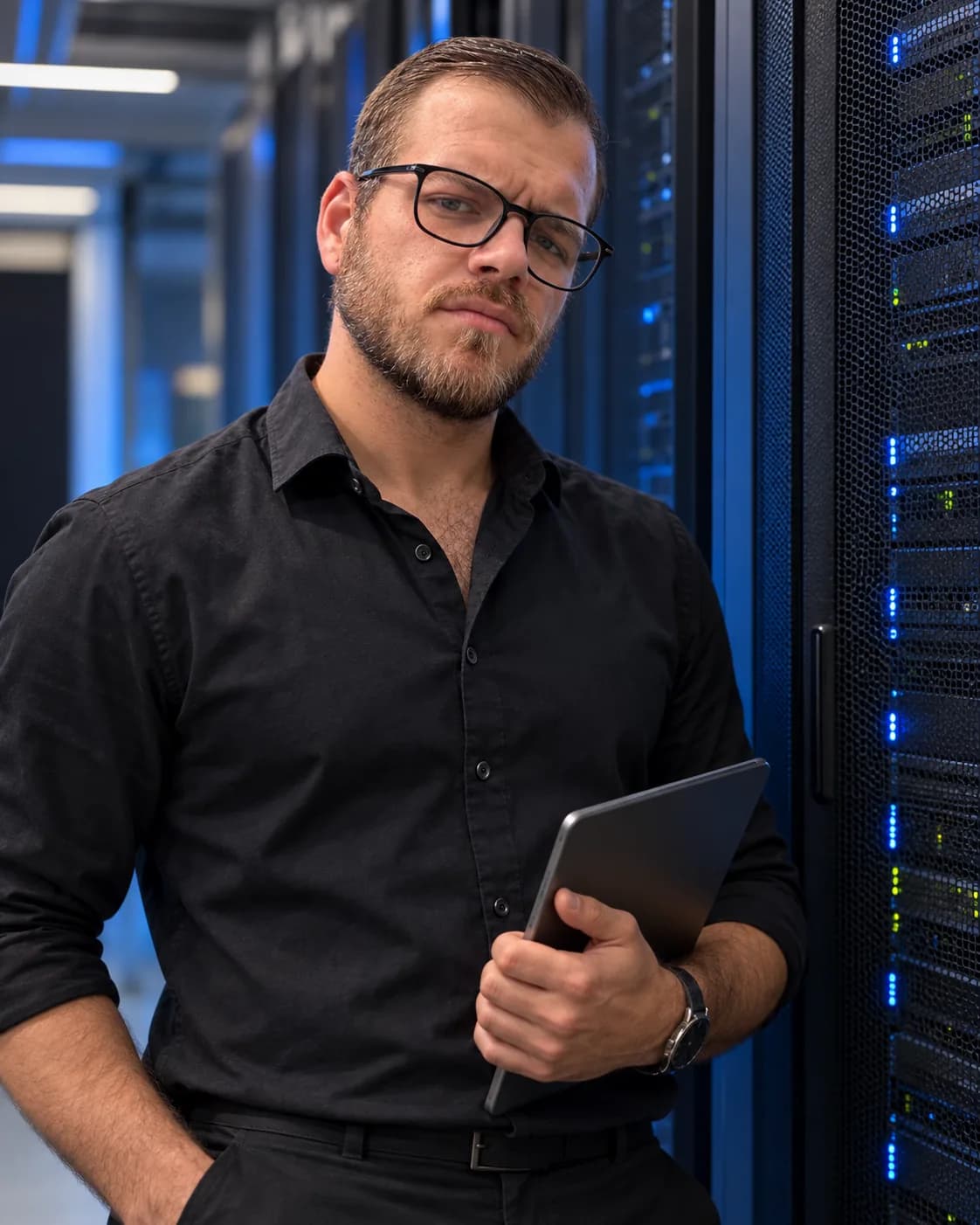 Chris Pascal Landwehr vor einem Serverschrank mit Tablet